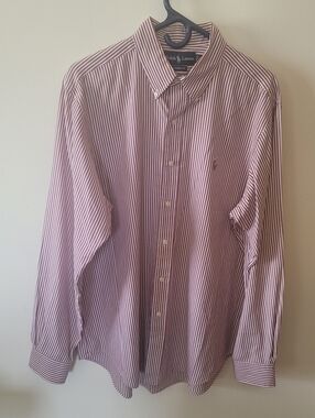 Ralph Lauren Men's Burgundy & White Striped Button-Down Shirt/ Flesh Pony